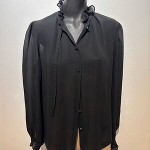 Elegant Vintage Black Ruffled Sheer Blouse